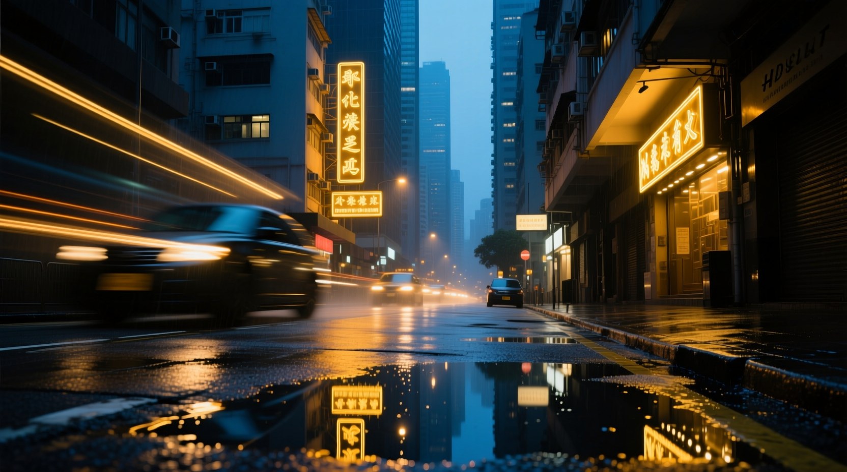 黃昏時分的城市街道,車燈與招牌在路面上拉出光線